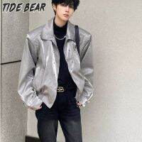 TIDE BEAR เสื้อแจ็กเก็ตหนังสีเงินสำหรับผู้ชาย,เสื้อเรียบง่ายเป็นที่นิยมแฟชั่นลำลองเสื้อโค้ทหนังใหม่