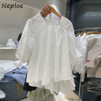 Neploe Pleated Blouse Women Solid Irregular O Neck Short Sleeve Ladies Blusa Shirts Summer 2021 Fashion Casual Female Tops 1E002