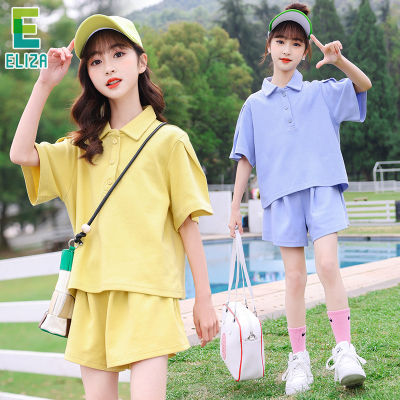 ES girls summer short sleeve casual suit Korean fashion sweet childrens sports suit Suitable for children over 8 years old Loose and comfortable