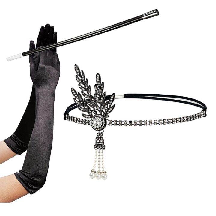 1920S The Great Gatsby Accessories Set Medallion Pearl Headband Black