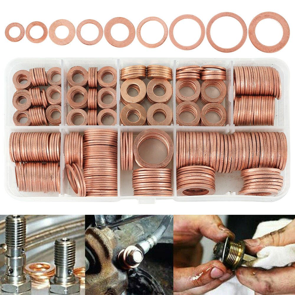 400Pcs Assorted Solid Copper Washers Flat Ring Sump Plug Oil Seal Gaskets w/ Box 