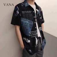 VANAQ เสื้อพิมพ์ลายหนังสือพิมพ์ผู้ชาย,เสื้อยืดชายหาดฮาวายบางแขนสั้นฮาราจุกุ