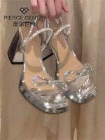 Shishen One-Line Sandals Womens Rhinestone Bow Two-Wear Platform Thick Heel