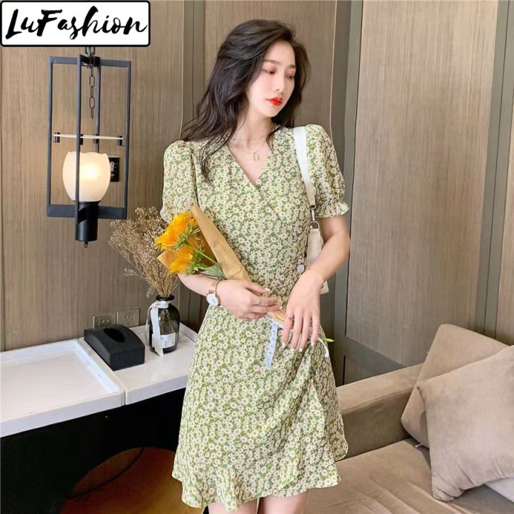 LuFashion Floral Dress Korean V-neck Short Sleeve | Lazada