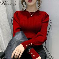 เสื้อกันหนาวแขนยาวบอลลูน Lanterna Manga Coreano Camisola Feminina Cores Sólidas Botão Retalhos De Malha Superior Senhoras Doce Em Torno Do Pescoço Malhas Pulver