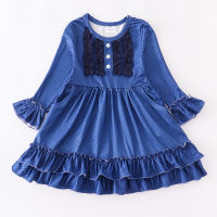 Girlymax 3 Colors Fallwinter Plum Mustrad Navy Baby Girls Dots Solid Milk Silk Dress Ruffles Knee Length Kids Clothing