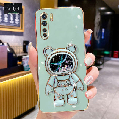 AnDyH Phone Case OPPO Reno 3/A91/F15 6DStraight Edge Plating+Quicksand Astronauts who take you to explore space Bracket Soft Luxury High Quality New Protection Design