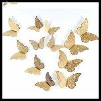 JINSWA 12PCS/Set DIY เครื่องประดับจัดงานแต่งงาน อุปกรณ์ปาร์ตี้ สติ๊กเกอร์ Mariposas แบบกลวง พื้นผิวโลหะ ศิลปะบนผนัง สติ๊กเกอร์ผีเสื้อ 3 มิติ