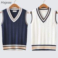 CODHaley Childe Sweater Vest Men Thicken V-neck Sleeveless Knitted Sweaters Vests Striped Retro Preppy-style Simple Chic Loose Casual All-match