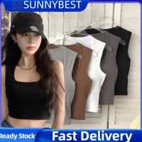 SUNNYBEST เสื้อสายเดี่ยวคอกลมเสื้อครอปสตรีทรงสี่เหลี่ยมเสื้อเสื้อกล้ามแบบลำลองสไตล์เกาหลี