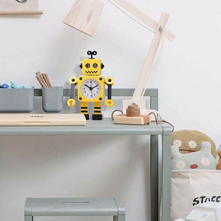 robot-digital-alarm-clock-stainless-non-ticking-wake-up-quartz-desk-clock-with-eye-lights-rotating-arm-for-kids