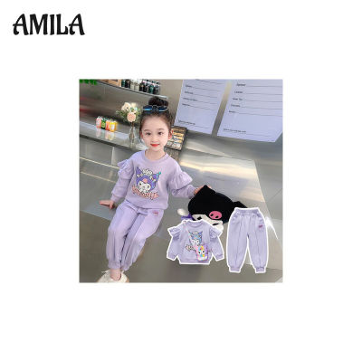 AMILA ชุดเสื้อกันหนาวการ์ตูนน่ารักใหม่แขนยาวสำหรับเด็กผู้หญิง,เสื้อแขนยาว + กางเกงขายาวแฟชั่นตาข่ายสำหรับเด็กและชุดสองชิ้น