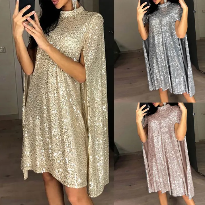 Ready】Glitter Party Dress Loose Turtleneck Sequin Spring Autumn Hollow Out  Lady Dress for Cocktail | Lazada PH