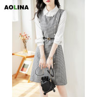 AOLINA ฤดูใบไม้ร่วงใหม่ผู้หญิงเอว Slimming Commuter ชุดตรวจสอบสีดำและสีขาว