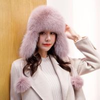 2021 New Fur Hat Women Natural Raccoon Fox Fur Russian Ushanka Hats Winter Thick Warm Ears Fashion Bomber Cap Raccoon Snow Caps