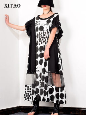 XITAO Streetwear Plus Size Dress Women Loose Mesh Splice Rivet Dot Print Dresser O Neck Women Clothes 2020 Summer  DLL3570