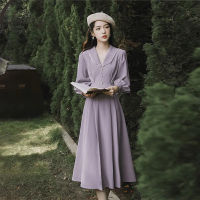 Sweet High Waist A-Line Dress Women Korean Fashion Pearl Button Lace Patchwork Prom Dress Female Long Sleeve Vintage Dress 2XL