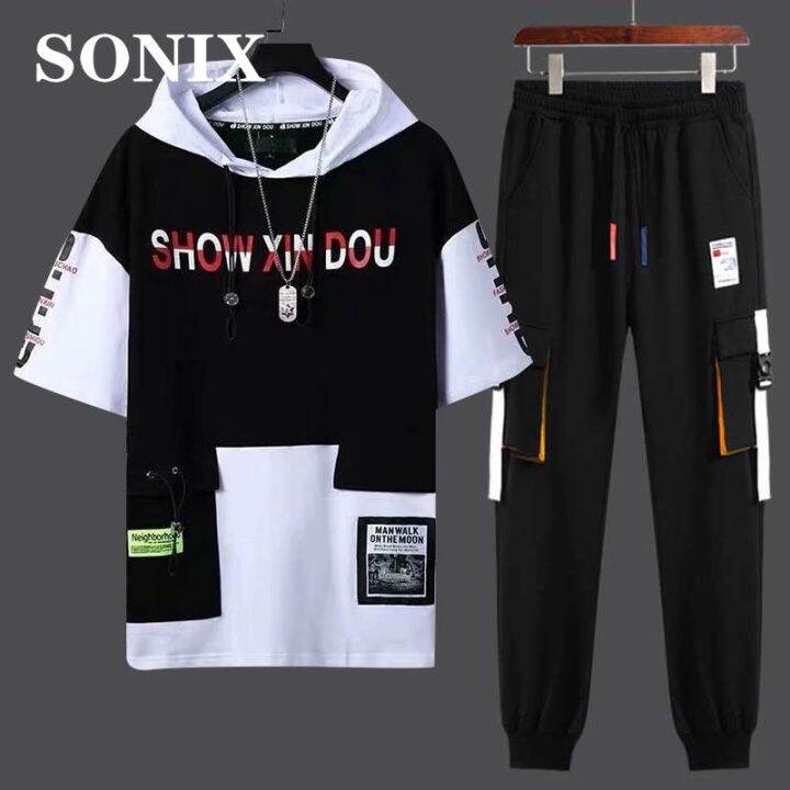 hnf531-sonix-เสื้อสเวตเตอร์มีฮู้ดผู้ชายเสื้อสเวตเตอร์แขนสั้นสไตล์ญี่ปุ่นเทรนด์ลำลอง2ชิ้นแฟชั่นวัยรุ่นสูทกีฬาเกาหลีสำหรับฤดูร้อน