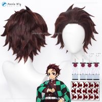 อะนิเมะฆ่าปีศาจ Kimetsu No Yaiba Cos Kamado Tanjiriou วิกผมคอสเพลย์สีแดงน้ำตาล30ซม. ผมทนความร้อนได้วิกผมสังเคราะห์ + ตาข่ายคลุมผมสำหรับใส่วิก