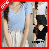 qkq971 Irregular Solid Color Crop Top Womens Korean V-neck Short Sleeve Tops Summer All-match Slim T-shirt