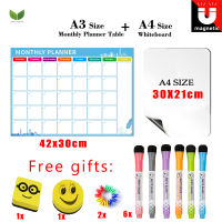 Eversalute 1แพ็ค A3ขนาด Magnetic Monthly Planner Calendar + 1 Pack A4 Size Dry Erase Whiteboard ,Family Home Office Note Board Message Drawing Fridge Magnetic Fridge Sticker Board Included 2 XErasers And 6 XMarkers,2XMagnetic Tacks