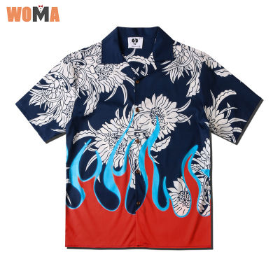 WOMA เสื้อลำลองคอปกทรงหลวมสำหรับผู้ชาย,เสื้อปกแขนสั้นพิมพ์ลายเปลวไฟเสื้อแขนสั้นพิมพ์ลายสำหรับผู้ชายและผู้หญิง