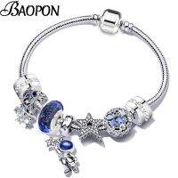 1 BAOPON 2022สร้อยข้อมือจี้เครื่องรางสีเงินใหม่พร้อมจี้ลูกปัดสีน้ำเงินดาวดวงจันทร์สำหรับผู้หญิงชุดเครื่องประดับพื้นที่เครื่องประดับของขวัญการดรอปชิป