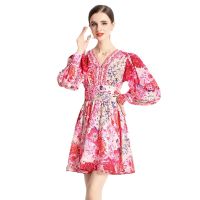 Womens New Fashionable Dress Spring and Summer New Celebrity High-End Niche Popular Fairy Waist Slimming Dress Printed Long-Sleeved Short Dress for Women