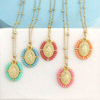 QMHJE Virgin Mary จี้ Charm สร้อยคอผู้หญิงข้าม Choker ลูกปัดสแตนเลสโซ่ทองสี Boho สีขาวสีดำสีชมพู-iotc29 mall