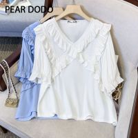 PEAR DODO เสื้อเชิ้ตแขนพองสำหรับผู้หญิงแบบสั้นผ้าชีฟองจีบแขนสั้นลูกไม้เกาหลี