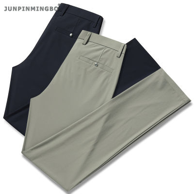 JUNPINMINGBO กางเกงผ้ายืดลำลองสำหรับผู้ชาย,กางเกงขายาวทรงตรงความรู้สึกเย็นผ้าไอซ์ซิลค์บางสวมใส่ในฤดูร้อน