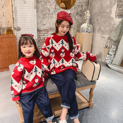 Christmas Sweaters Family Parent-child Knitted Tops 2021 Winter Cartoon Christmas Tree Mother and Daughter Clothesfits Thick