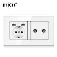 JHJCH EU Standard Wall Socket ,กระจกนิรภัย Rj45 Cat6 Wall Connector คอมพิวเตอร์อินเทอร์เน็ตแจ็ค146*86มม.