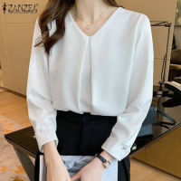 MOMONACO ZANZEA เสื้อคอวีใส่สบายหรูหราสำหรับผู้หญิงใส่ทำงานเสื้อสตรีแบบจีบแบบสวมหัวสีล้วน #11