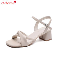 AOKANG womens sandals New style one-line belt Low heels chunky heel Rome flat with skirt temperament small fresh fairy shoes