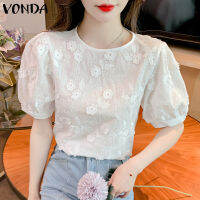 (จัดส่งฟรี)Fancystyle VONDA เสื้อผู้หญิงลำลองอเนกประสงค์,เสื้อเสื้อยืดคอกลมแขนพองลายดอกไม้แฟชั่น