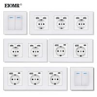 EIOMR EU ช่องเสียบสวิตช์ผนังแบบแผงพีซี USB 5V 2.1A สำหรับชาร์จโทรศัพท์เต้าเสียบไฟ16A มีหัวแปลงเต้าเสียบติดผนังสีขาว220V