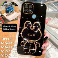 JieFie น่ารักกระต่ายเคสโทรศัพท์สำหรับ OPPO A15 / A15S / A16 / A17 / A12 / A16K / A16E / A12E / A17K โครเมี่ยมสุดหรูชุบกล่องสี่เหลี่ยมจตุรัสแต่งหน้า Tpuนิ่มชนิดใสโทรศัพท์ + ขาตั้ง