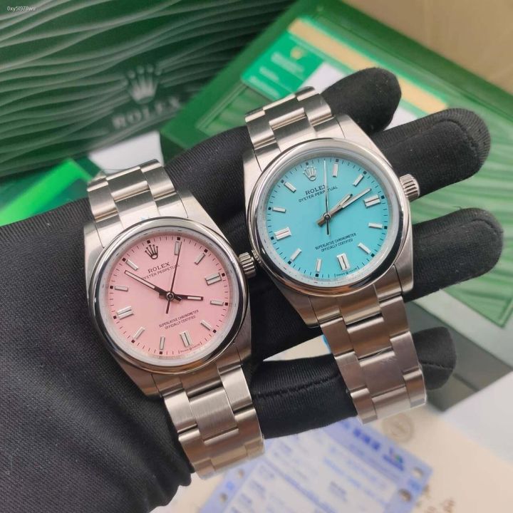 นาฬิกาข้อมือ-rolex-perpetual-op-pastle-pink-amp-tiffany-blue-36mm-ขนาด-36-mm-กระจกแซไฟร์-100-สแตนเลส-904l-กันน้ำได้-งาน-cc-รอง-top