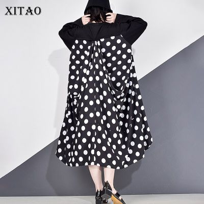 XITAO Dress Dots Patchwork Casual Women Loose Long Sleeve Dress