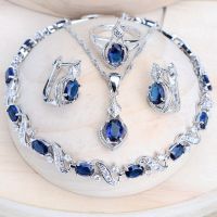 Women Silver 925 Bridal Jewelry Sets Blue Cubic Zirconia Costume Jewellery Wedding Earrings Rings celets Pendant Necklace