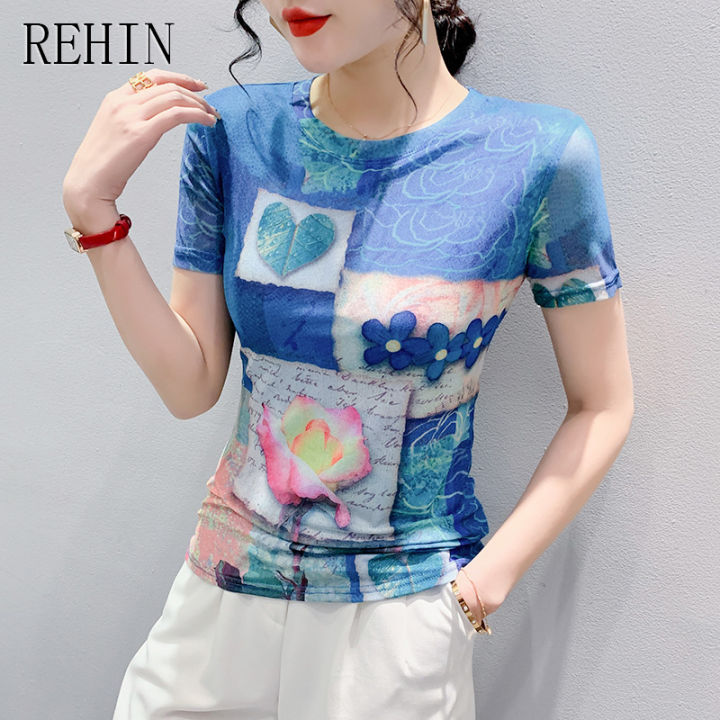 rehin-เสื้อตาข่ายฤดูร้อนแฟชั่นใหม่ของผู้หญิงเสื้อยืดแขนสั้นพิมพ์ลายการออกแบบลวดลายที่ไม่ซ้ำใครเสื้อยืดคอกลมบาง-s-3xl-เสื้อตามเทรนด์ที่สง่างาม