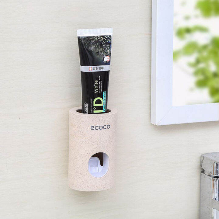 ecoco-automatic-toothpaste-dispenser-dust-proof-toothbrush-holder-wheat-straw-wall-mounted-toothpaste-squeezer-for-bathroom