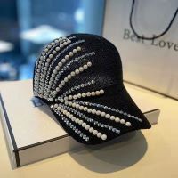 หมวกผู้หญิงถักกลวง Rhinestone หมวกมุกสไตล์เกาหลีแฟชั่นแฮนด์เมดรีดเพชรหมวกเบสบอลฤดูร้อนหมวกบังแดด