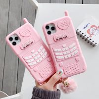 Cute Baby Pink Love Heart Telephone Girl Case for iPhone 14 Pro Max 13 12 11 XR XS X 8 7 6 Plus 3D Silicone Cover Pompom Tassel