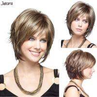 JETANS Fasion ธรรมชาติเท็จผสมต่อผมสีน้ำตาลผู้หญิงสีบลอนด์ปุยปุยวิกผมบ็อบวิกผมสั้นเหยียดตรงทนความร้อนได้ช่อผมปลอมเครื่องประดับ