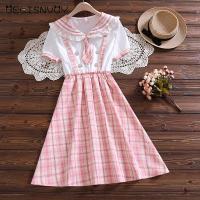 New Japanese Preppy Style Summer Women Dress Sailor Collar With Tie Blue Purple Plaid Dress Cute Kawaii School Uniform Clothes