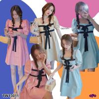 P13011 เดรสคอเหลี่ยมแขนตุ๊กตา อกผูกริบบิ้นSquare neck dress, doll sleeves, ribbon tie