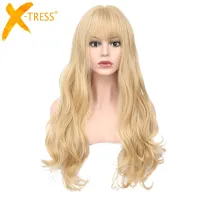 X-TRESS Gold Blonde Colored Synthetic Wigs For Women Body Wave Machine Made Wig With Bangs High Temperature Fiber Hairpiece Wig  Hair Extensions Pads