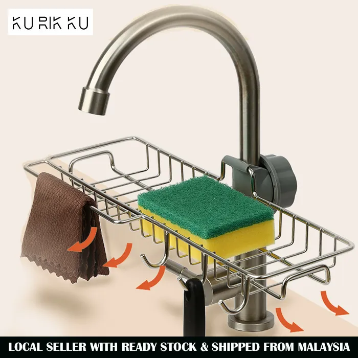 Kitchen Bathroom Stainless Steel Sink Water Tap Caddy Organizer Faucet Sponge Holder Organizer for Soap Brush Scrubber Towel Hanging Drying Rack